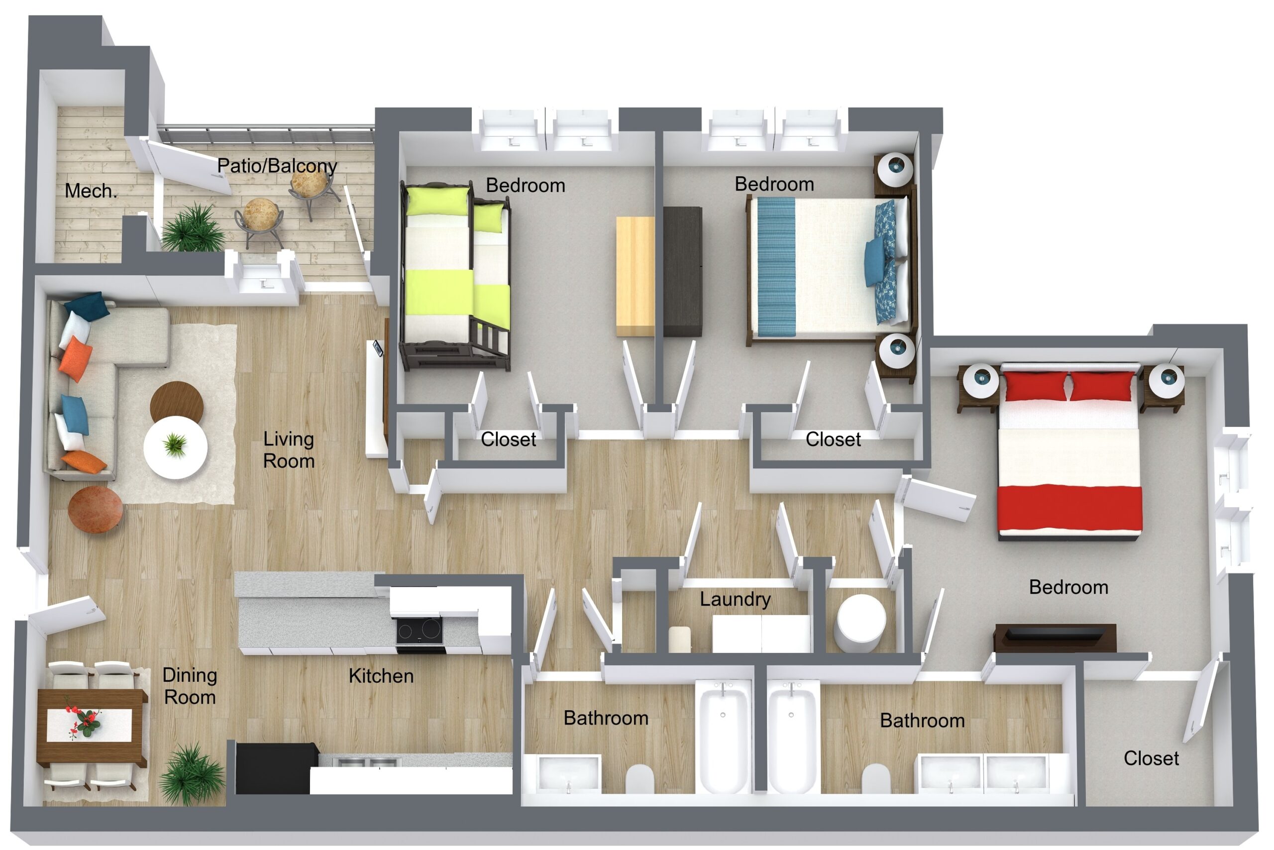 Riverside Station Apartments Floor Plans II - 3 Bedroom 2 Bathroom - 3D Floor Plan 3 Bedroom 2 Bathroom - RS 3D Floor Plan